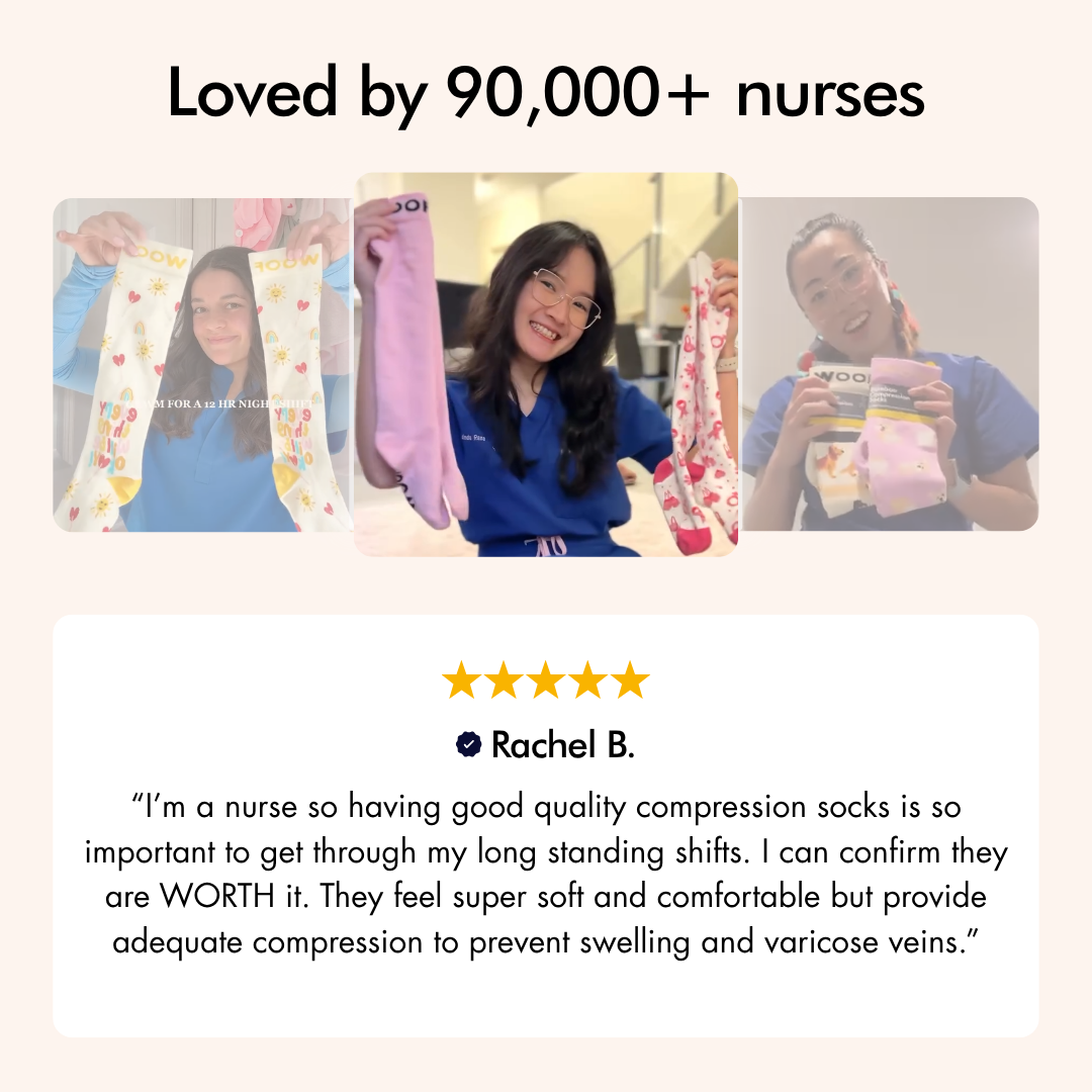 Social proof graphic featuring nurse reviews for Dr. Woof compression socks.
